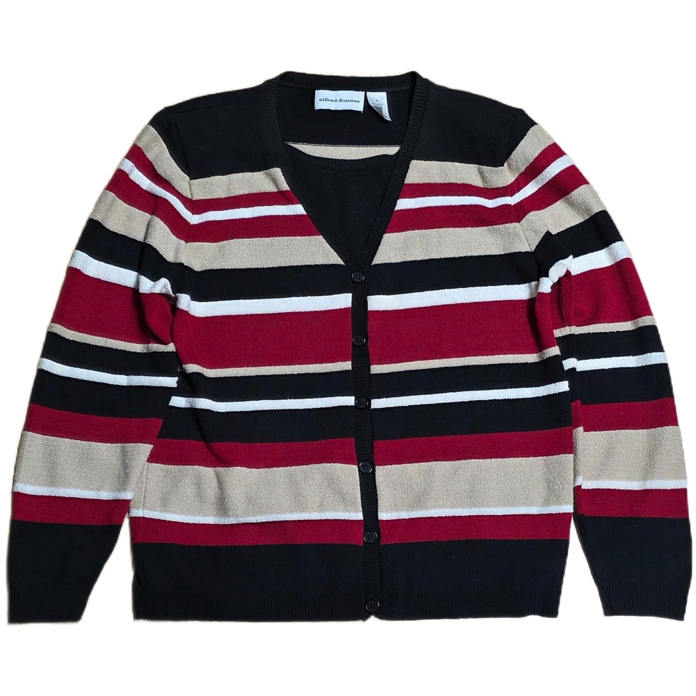 Alfred Dunner Striped Knit Cardigan Sweater Women's Size S Black Red Beige 2-Fer